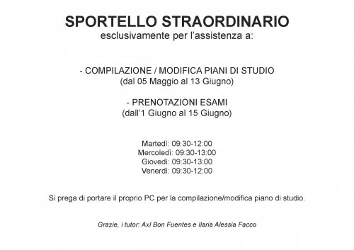 SPORTELLO STRAORDINARIO RIVOLTO AGLI STUDENTI